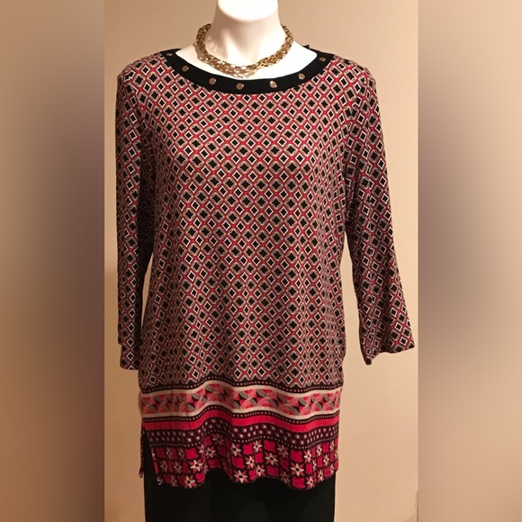 DANA BUCHMAN RED GEOMETRIC PRINT LONG SLEEVE STRETCH TUNIC TOP SHIRT ~Size M - Picture 1 of 9